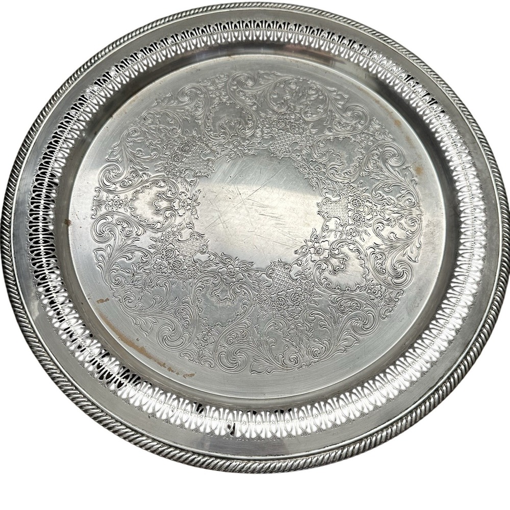 Wm Rogers Round Serving‎ Tray Silverplate 15in Silver Etched Floral Pierced 162